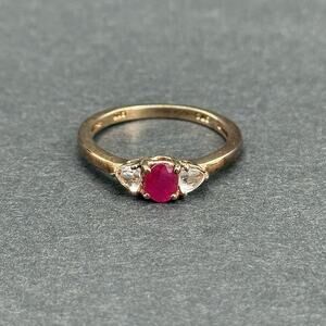 STS 925 Sterling Silver Gold Tone Lab Ruby CZ Trilogy Ring Size 5